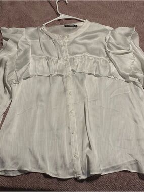 Grandpa Collar White Ruffle-Trim Button Blouse